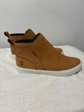 Timberland Tan Leather High-Top Slip-On Sneakers